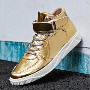 2022 Men PU Leather Casual Shoes Hip Hop Gold Fashion Sneakers Male Silver Microfiber High Tops Sequin Man Shoe Chaussure Tennis