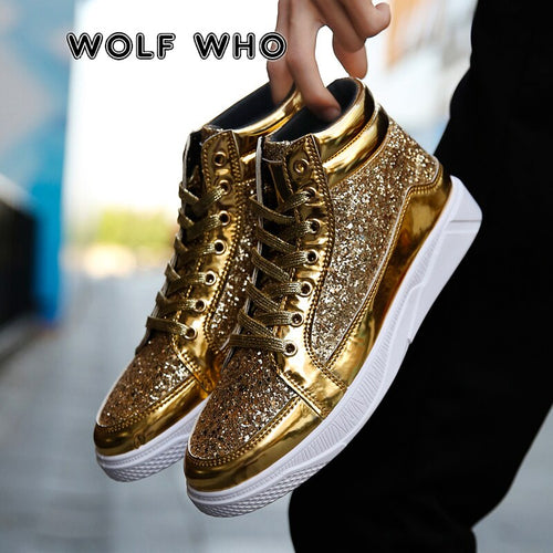2022 Men PU Leather Casual Shoes Hip Hop Gold Fashion Sneakers Male Silver Microfiber High Tops Sequin Man Shoe Chaussure Tennis
