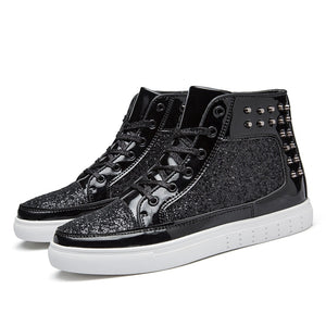 2022 Men PU Leather Casual Shoes Hip Hop Gold Fashion Sneakers Male Silver Microfiber High Tops Sequin Man Shoe Chaussure Tennis